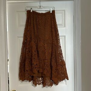 NEVER WORN. Beautiful light brown crochet-style long skirt with lining.
